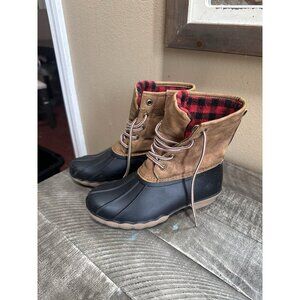 Alpine Woods Kids Youth size 2 Brown Ankle Duck Rain Boots Lace Up Plaid Lining